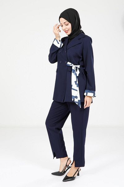Beyza Navy Blue Hijab Jacket and Trousers Set with Sleeves Detail 4112