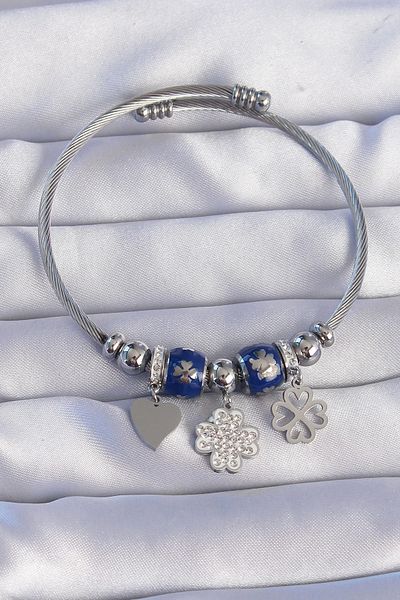 Clariss 316L Steel Silver Color Zircon Stone Clover Design Heart Detail Enamel Charm Bracelet