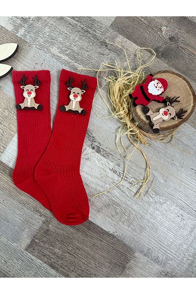 Feriatolye 1-2 Years Red Unisex Deer Knee Socks