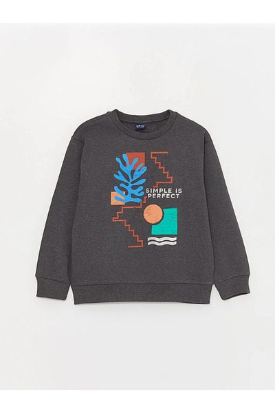 LC Waikiki Суитшърт за момче с щампа и кръгло деколте LCW ECO Anthracite