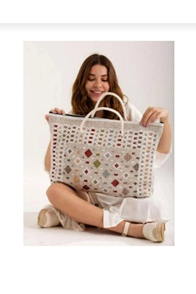 ErginGroup Kadın Örgü Halatlı Kumaş Seyahat Kilim Küçük Boy Plaj Piknik Kamp Otantik Çantası 25x30 cm
