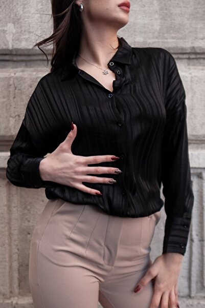 Hisleria Lisbon Satin Fabric Oversize Black Shirt