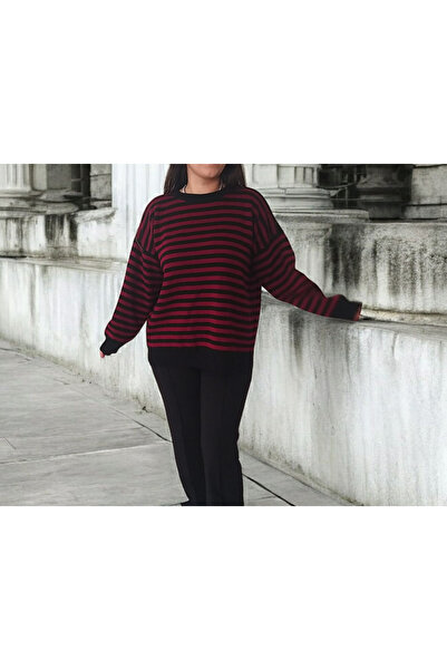 Ayfer Crew Neck Black Burgundy Stripe Knitwear Sweater