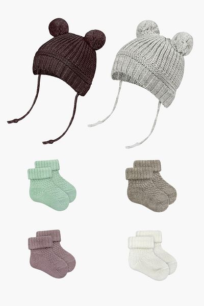 Little Jom Set of 2 Organic Knitwear Hats and 4 Socks for 0-18 Months Baby