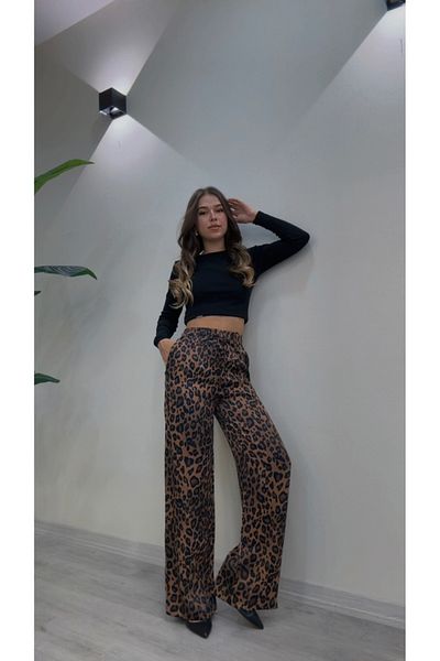 modadagiyim Leopard High Waist Wide Leg Elastic Waist Tie Double Pocket Palazzo Pants