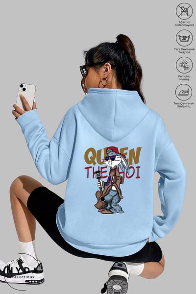 Nyda Collections Hanorac supradimensionat din bumbac cu glugă unisex cu imprimeu Bugs Bunny - mânecă lungă și chitară