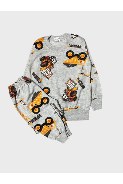 TOFU KİDS Boys' Cotton Scoop Business Machinery Truck Pattern Gray Long Sleeve Seasonal Pajamas Set