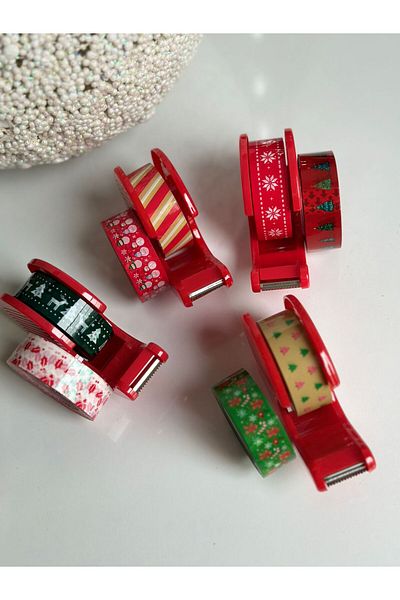 QUEEN AKSESUAR Imported Christmas Colorful Pine Christmas Pattern Gift Tape Set Tape Cutter and Replacement Tape