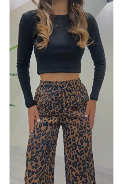 modadagiyim Leopard High Waist Wide Leg Elastic Waist Tie Double Pocket Palazzo Pants