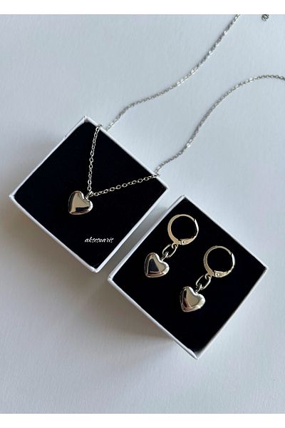 aksesuaris Set of 2 Heart Silver Color Steel Chain Necklace and Earrings