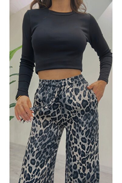 modadagiyim Leopar Yüksek Bel Bol Paça Beli Lastikli Bağlamalı Çift Cepli Palazzo Pantolon