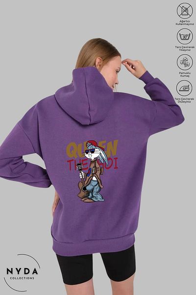 Nyda Collections Bugs Bunny Printed Unisex Hooded Oversize βαμβακερή κουκούλα - μακρυμάνικο και με κιθάρα