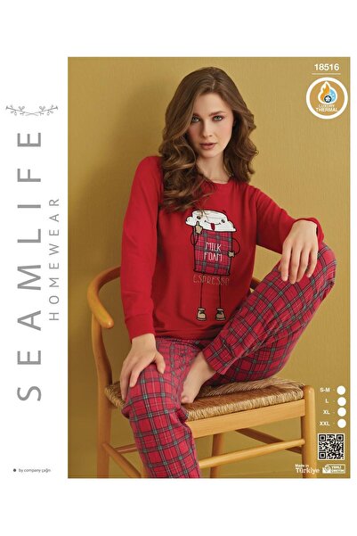 HS İÇ GİYİM طقم بيجامة نسائي من القماش الحراري القطني لوكس بأكمام طويلة - داف...