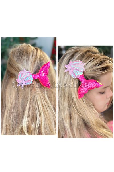 QUEEN AKSESUAR Fuchsia Trend Giant - Big Bright, Sequin and Glitter Mermaid Tail Shell Star Crown Children's Crown