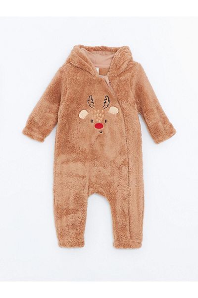 LC Waikiki Beige Hooded Plush Baby Boy Jumpsuit