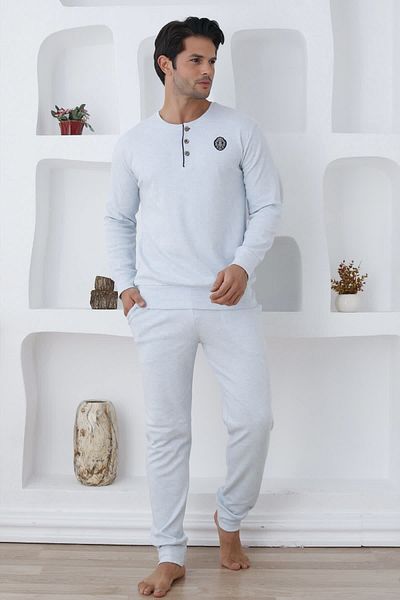 quilling Men's Ecru Cotton Pajamas Set with Elastic Sleeves and Legs - 0300