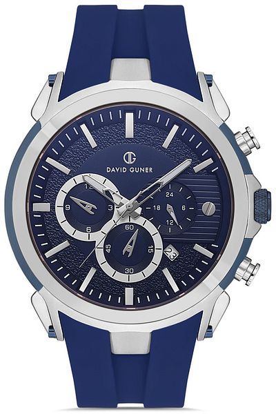 DAVID GUNER Men's Arm Watch with Dark Blue Dial Silver Coated Multifunctional Dark Blue Silicone Band