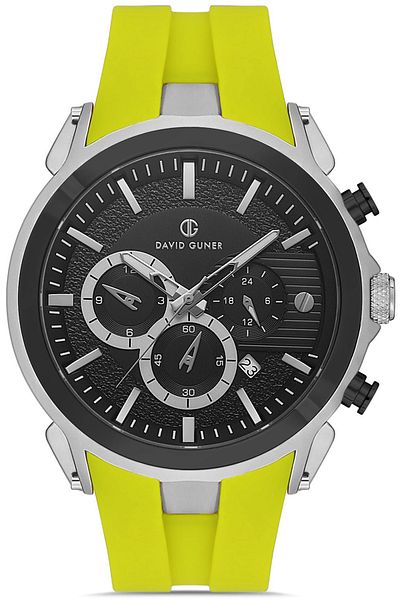 DAVID GUNER Men's Wrist Watch with Black Dial Silver Trim Multifunction Yellow Silicone Band