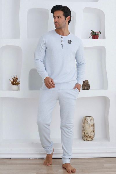 quilling Men's Ecru Cotton Pajamas Set with Elastic Sleeves and Legs - 0300