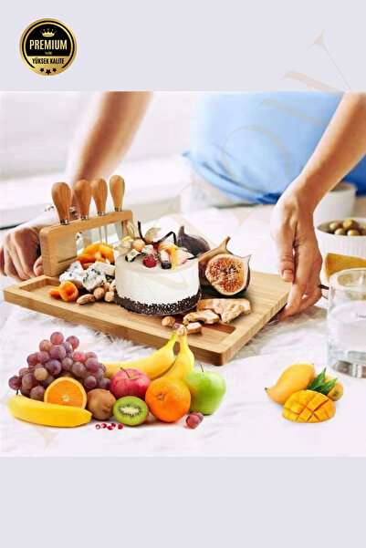 NEWNOW Bambu Peynir Tahtası Seti, Şarküteri Tahtası ve Servis Tabağı, 4 Paslanmaz Çelik Peynir Bıçağı,