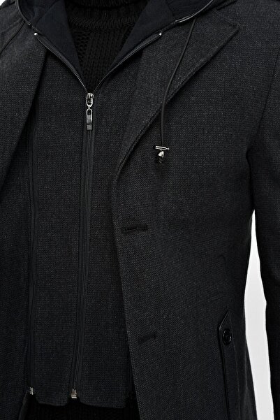 DYNAMO Men's Black Wool Blended Patterned Cashmere Hooded Zippered Front and Buttoned Coat