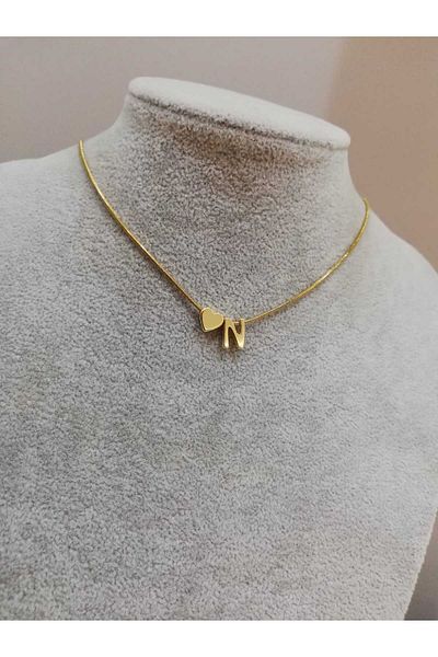 Judas Takı Women's Gold Steel Chain Heart Letter Necklace, Initial Letter Necklace