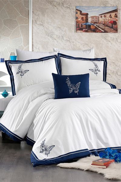 Minelya Home Collection Set cuvertură de pilota cu broderie fluture dublu - 100% bumbac Morpho albastru 7 piese