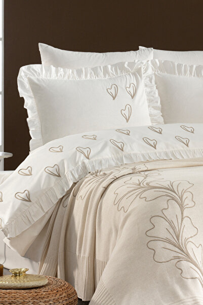 Minelya Home Collection Knitwear Art 7 Pieces - Double Cotton Duvet Cover Set with Blanket, Streamline Embroidery and Ruffles