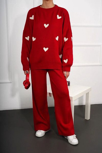 trendalisse Women's Red Heart Embroidery Detail Knitwear Pullover Trousers Double Set