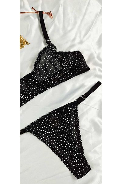 Masal Lingerie Sutien de damă, fără cupe, cu sârmă, cu buline argintii, din tul negru