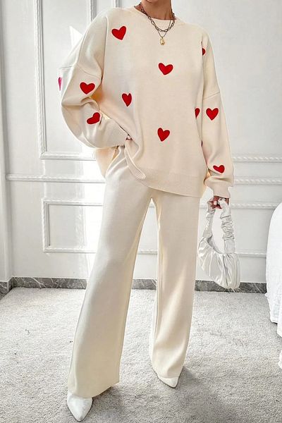 trendalisse Women's Off-White Heart Embroidery Detail Knitwear Sweater Trousers Double Set