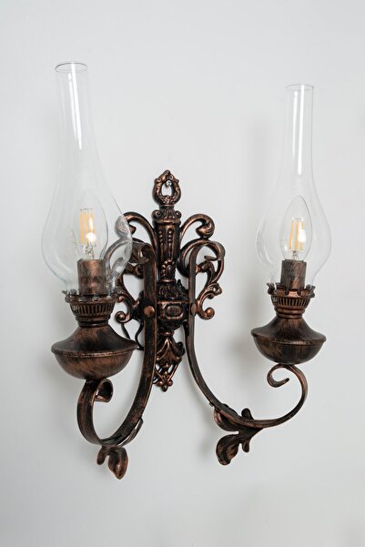 Tel Lighting Ferforje Gaz Lambası Ikili Aplik Bakır Patina
