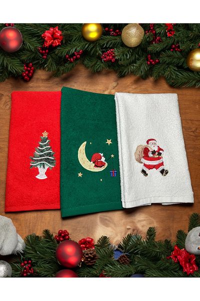 Ellaline Set of 3 Embroidered Christmas Towels - 100% Cotton, Certified, 30X50Cm, for Hand and Kitchen
