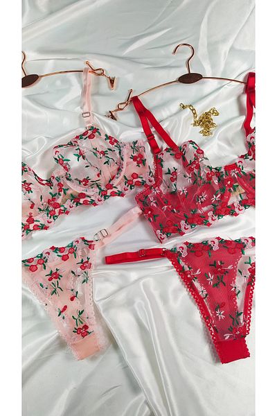 COLOR DE PIEL Women's Red Pink Green Flower Patterned Stylish Bra Panty Set