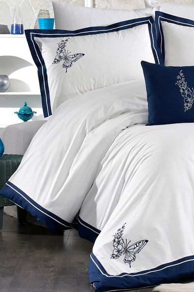 Minelya Home Collection Set cuvertură de pilota cu broderie fluture dublu - 100% bumbac Morpho albastru 7 piese