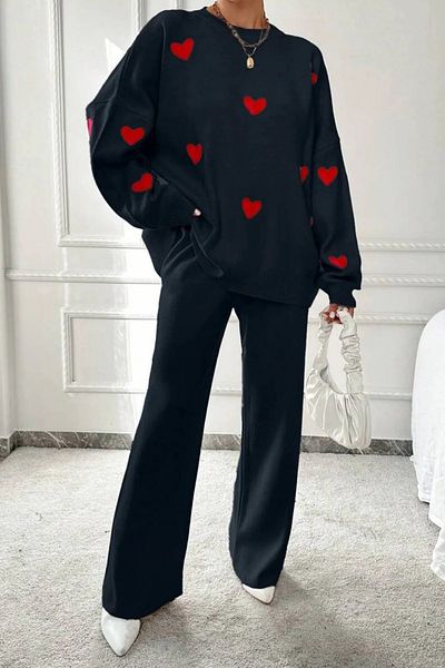trendalisse Set de două piese pentru femei, cu broderie de inimă neagră, tricotaje, pulover, pantaloni