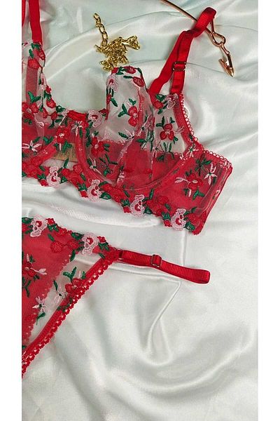 COLOR DE PIEL Women's Red Flower Patterned Bralet Elegant Bra Set