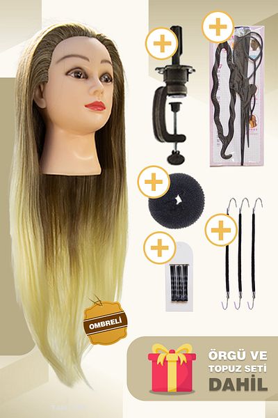 colezium Fiber Synthetic Hairdresser Training Manikin - Table Bracket with Ombreli, Brown / Platinum, Braid Set