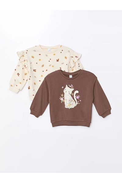 LC Waikiki LCW Kids Кафяви суитшърти с кръгло деколте, щамповани за момичета, комплект от 2