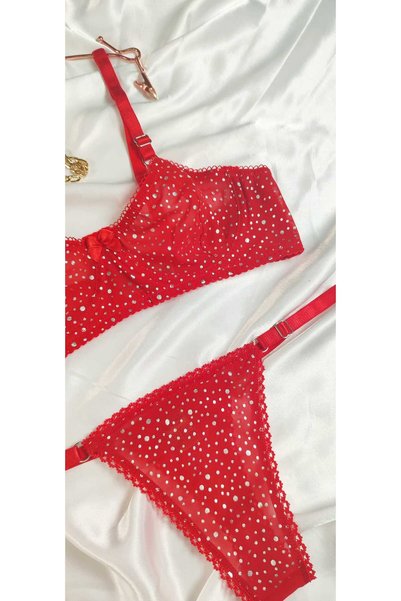 COLOR DE PIEL Women's Red Silver Dot Bra Panty Suit