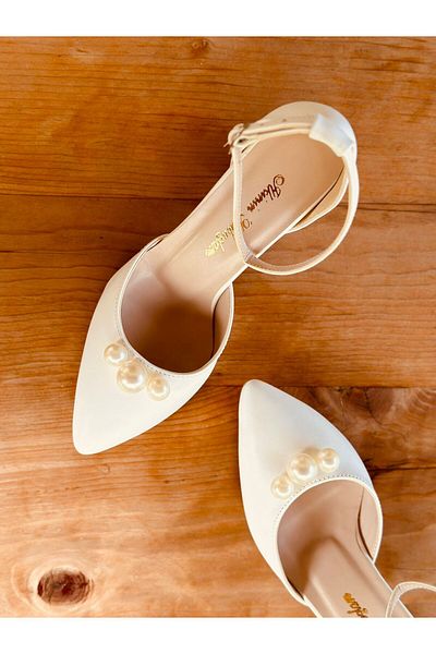 İlkinin Pabuçları White Bridal Shoes with Pearl Details, 5cm Thick Heel Evening Dress Women's Shoes, Invitation Shoes