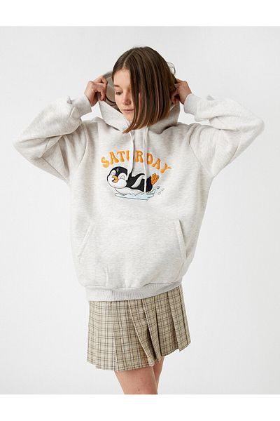 Koton Printed Oversize Sweatshirt Hooded With Pockets Inside Fleece