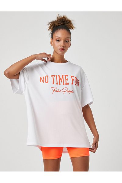 Koton Printed Oversize Sports T-Shirt - Crew Neck, Breathable Fabric