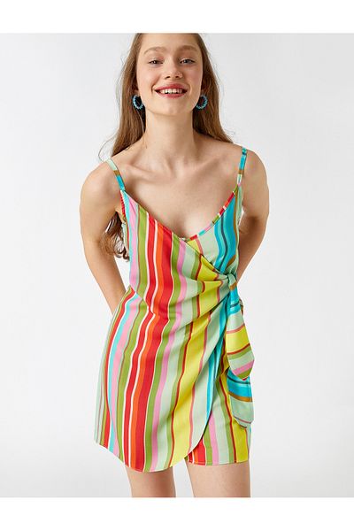 Koton Multicolored Striped V-Neck Strap Shorts Jumpsuit