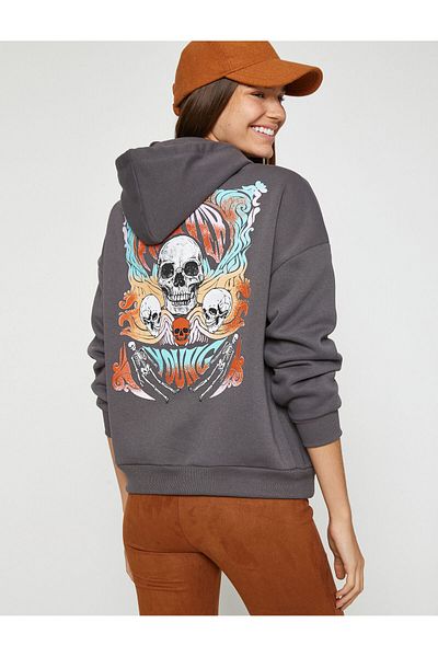 Koton Printed Hooded Sweatshirt with Fleece Inside