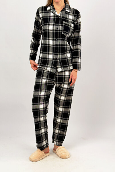 Betimoda Kadın Kadife Süet Önden Düğmeli Cepli Kışlık Sıcak Tutan Lastikli Bel Pijama Takımı Siyah Kare