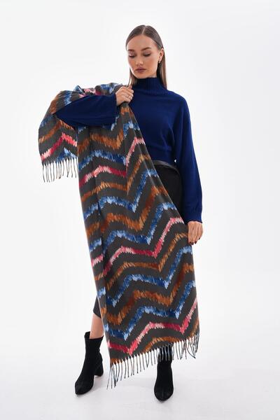 MARBERRY Şal de damă cu ciucuri albastru cu model dungi