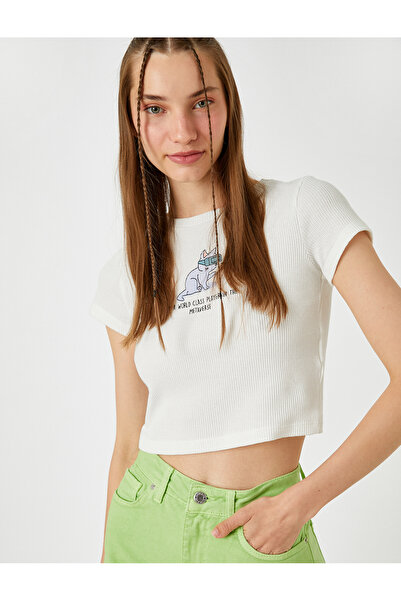 Koton Tricou crop imprimat cu gât crepus