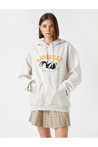 Koton Printed Oversize Sweatshirt Hooded With Pockets Inside Fleece