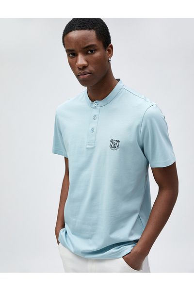 Koton Límec T-Shirt Buttoned Dog Vyšívané Slim Fit Bavlna